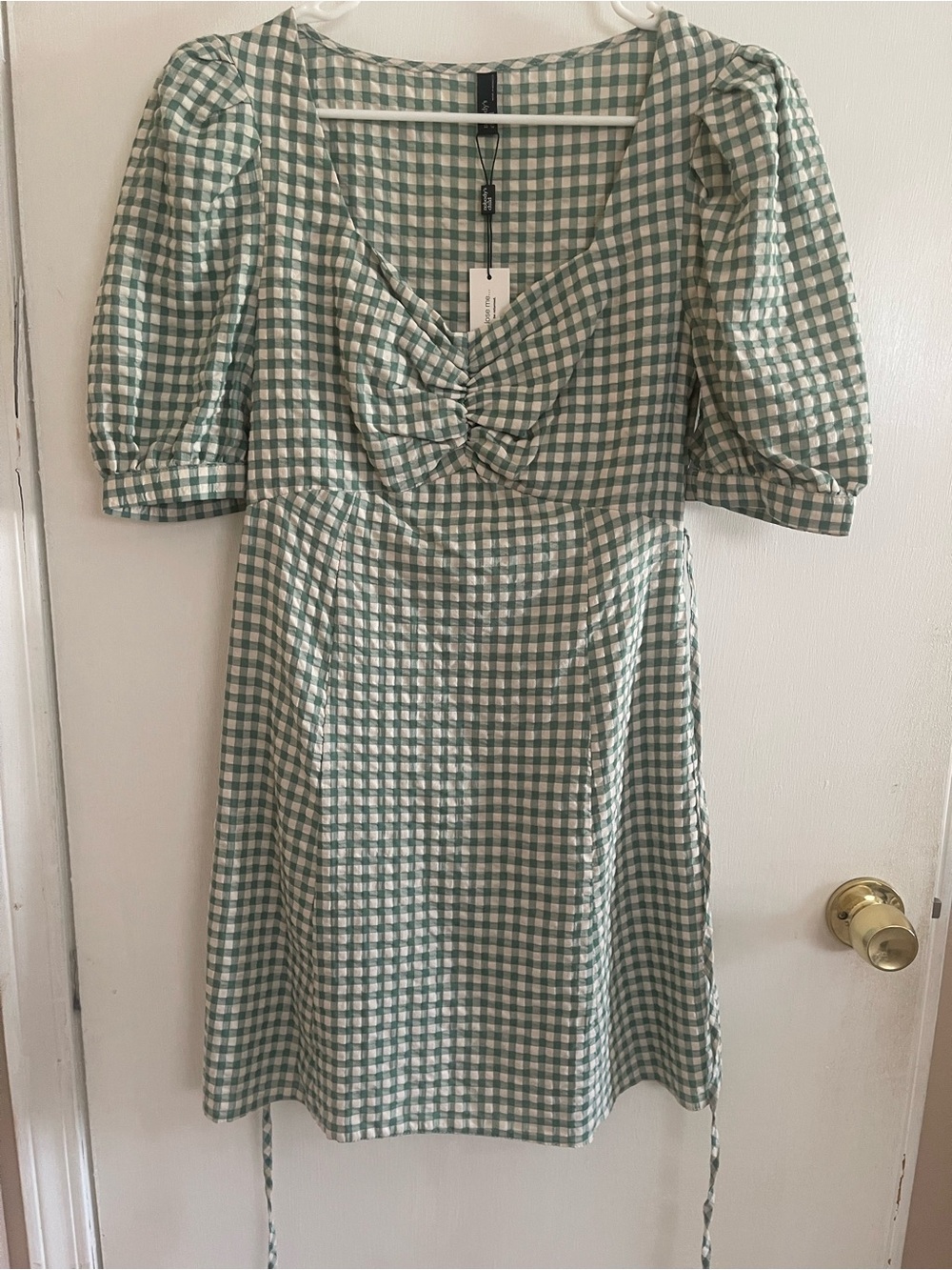 Nobody’S Child Gingham Puff-Sleeve Mini Dress with Twist Front and Tie Back
